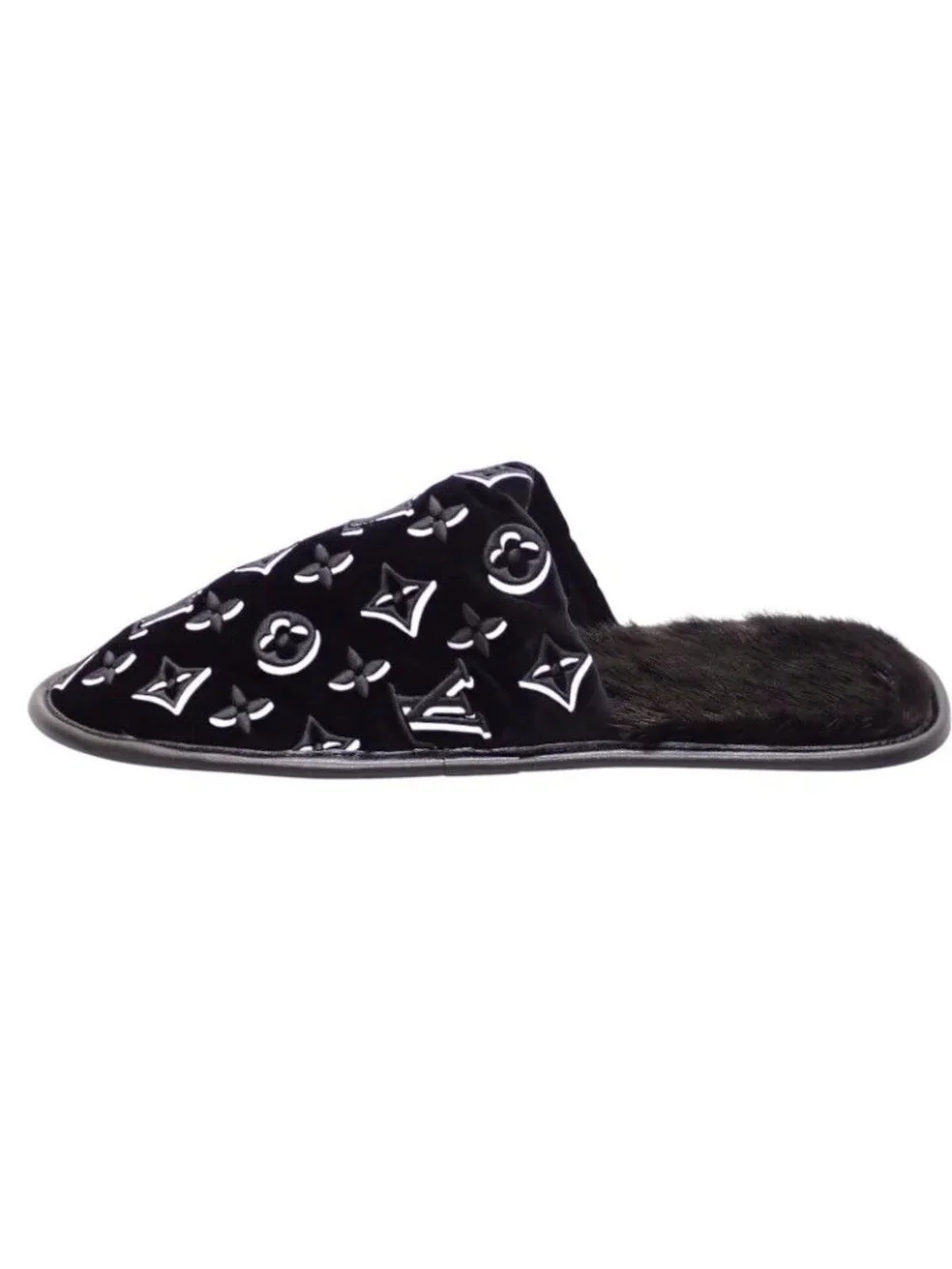 Louis Vuitton LV Suit Line Mules Slippers Room Shoes 42 Velvet Mink Black